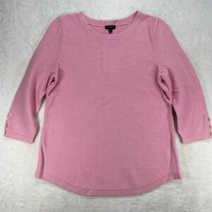 Talbots Waffle‎ Knit 3/4 Sleeve Button Cuff Top Cotton Blend Pink Large